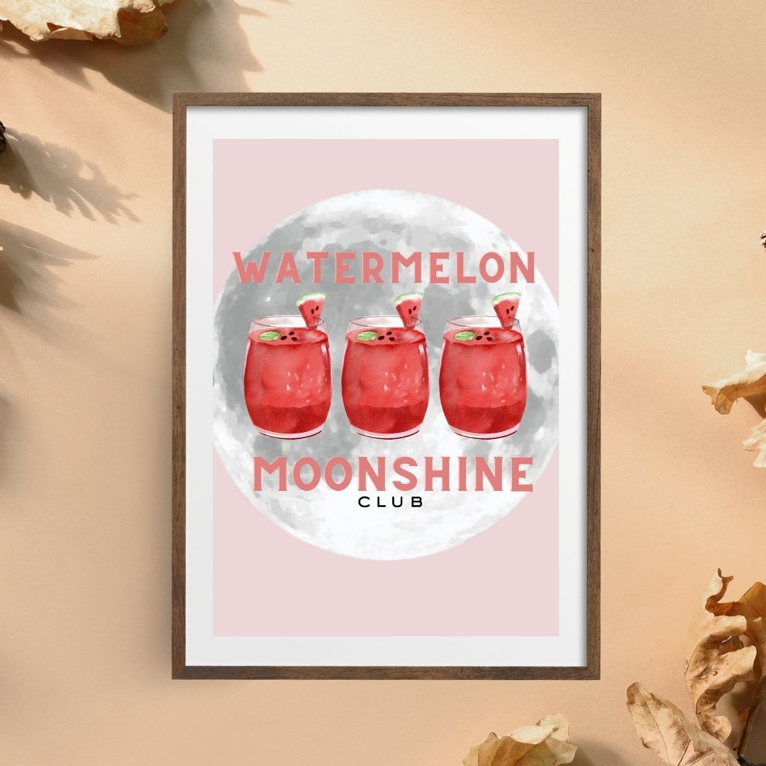 Watermelon Moonshine Club Print – Pink Country Girl Wall Art with Cocktails & Full Moon Aesthetic – Southern Western Décor (A4 & A5 Sizes)