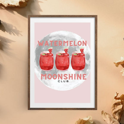 Watermelon Moonshine Club Print – Pink Country Girl Wall Art with Cocktails & Full Moon Aesthetic – Southern Western Décor (A4 & A5 Sizes)