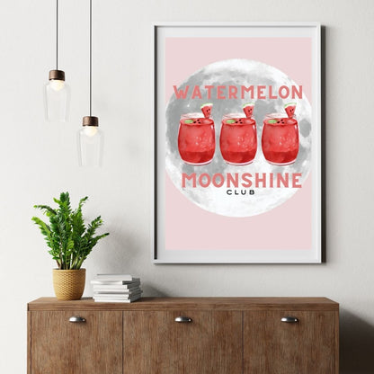 Watermelon Moonshine Club Print – Pink Country Girl Wall Art with Cocktails & Full Moon Aesthetic – Southern Western Décor (A4 & A5 Sizes)