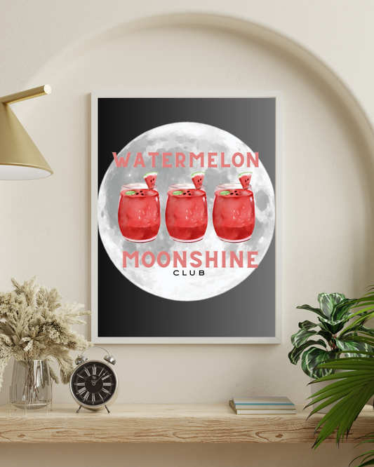 Watermelon Moonshine Club Wall Art – Country Girl Print with Cocktails & Full Moon – Black Background Southern Aesthetic Décor (A4 & A5 Sizes)