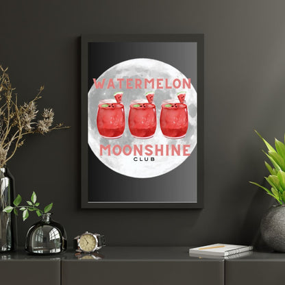 Watermelon Moonshine Club Wall Art – Country Girl Print with Cocktails & Full Moon – Black Background Southern Aesthetic Décor (A4 & A5 Sizes)