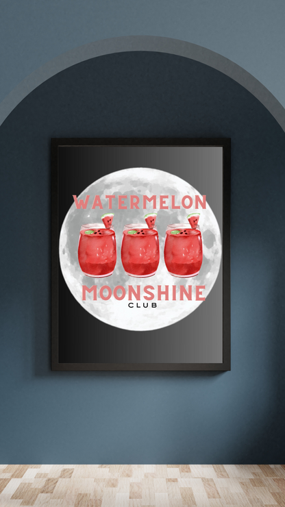 Watermelon Moonshine Club Wall Art – Country Girl Print with Cocktails & Full Moon – Black Background Southern Aesthetic Décor (A4 & A5 Sizes)
