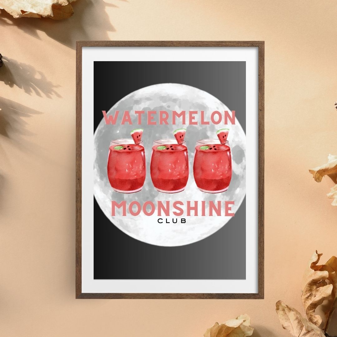 Watermelon Moonshine Club Wall Art – Country Girl Print with Cocktails & Full Moon – Black Background Southern Aesthetic Décor (A4 & A5 Sizes)