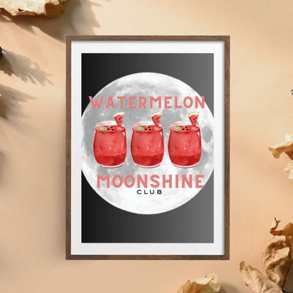 Watermelon Moonshine Club Wall Art – Country Girl Print with Cocktails & Full Moon – Black Background Southern Aesthetic Décor (A4 & A5 Sizes)