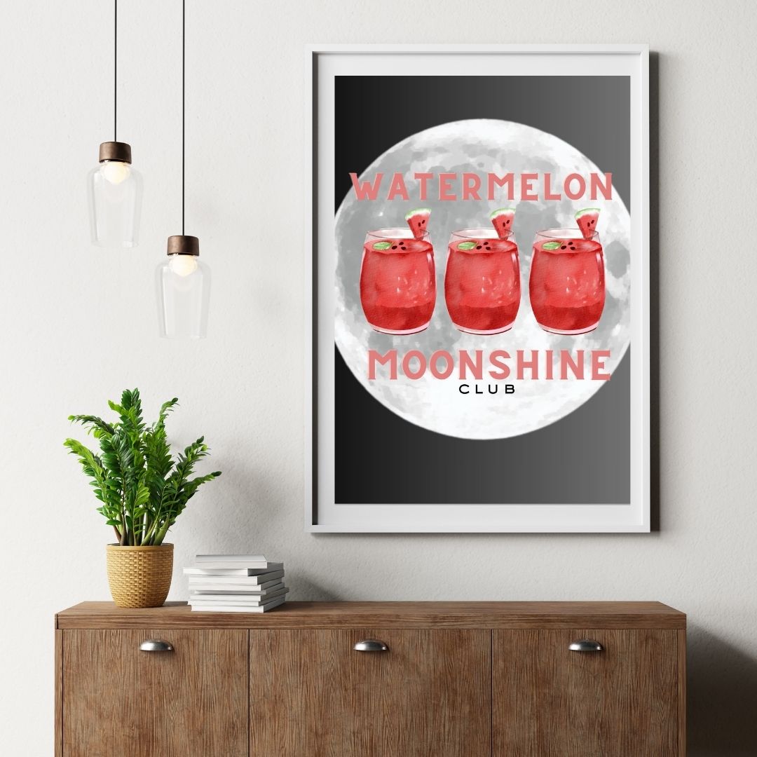 Watermelon Moonshine Club Wall Art – Country Girl Print with Cocktails & Full Moon – Black Background Southern Aesthetic Décor (A4 & A5 Sizes)