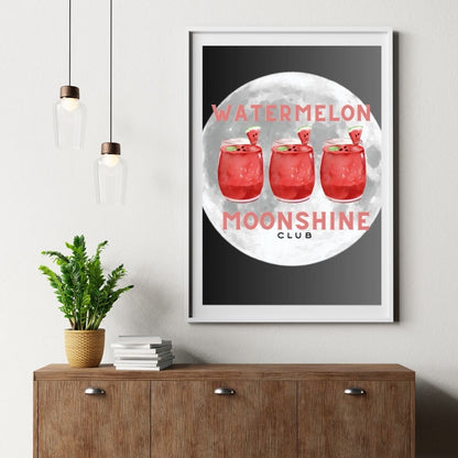 Watermelon Moonshine Club Wall Art – Country Girl Print with Cocktails & Full Moon – Black Background Southern Aesthetic Décor (A4 & A5 Sizes)