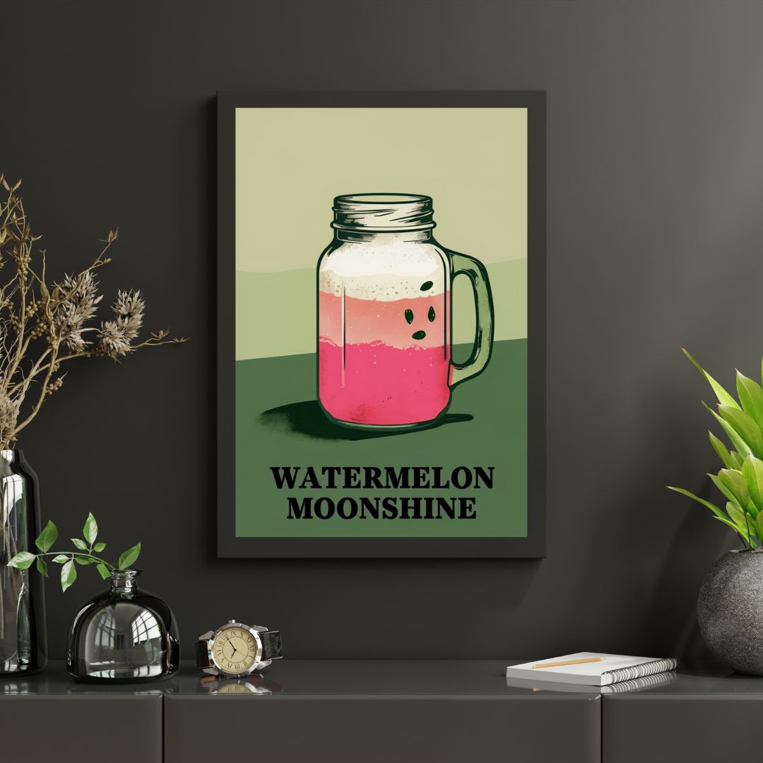 Watermelon Moonshine Mason Jar Print – Retro Country Cocktail Wall Art for Southern Kitchen or Bar Décor – Aesthetic Western Style (A4 & A5 Sizes)