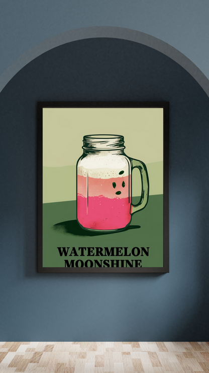 Watermelon Moonshine Mason Jar Print – Retro Country Cocktail Wall Art for Southern Kitchen or Bar Décor – Aesthetic Western Style (A4 & A5 Sizes)