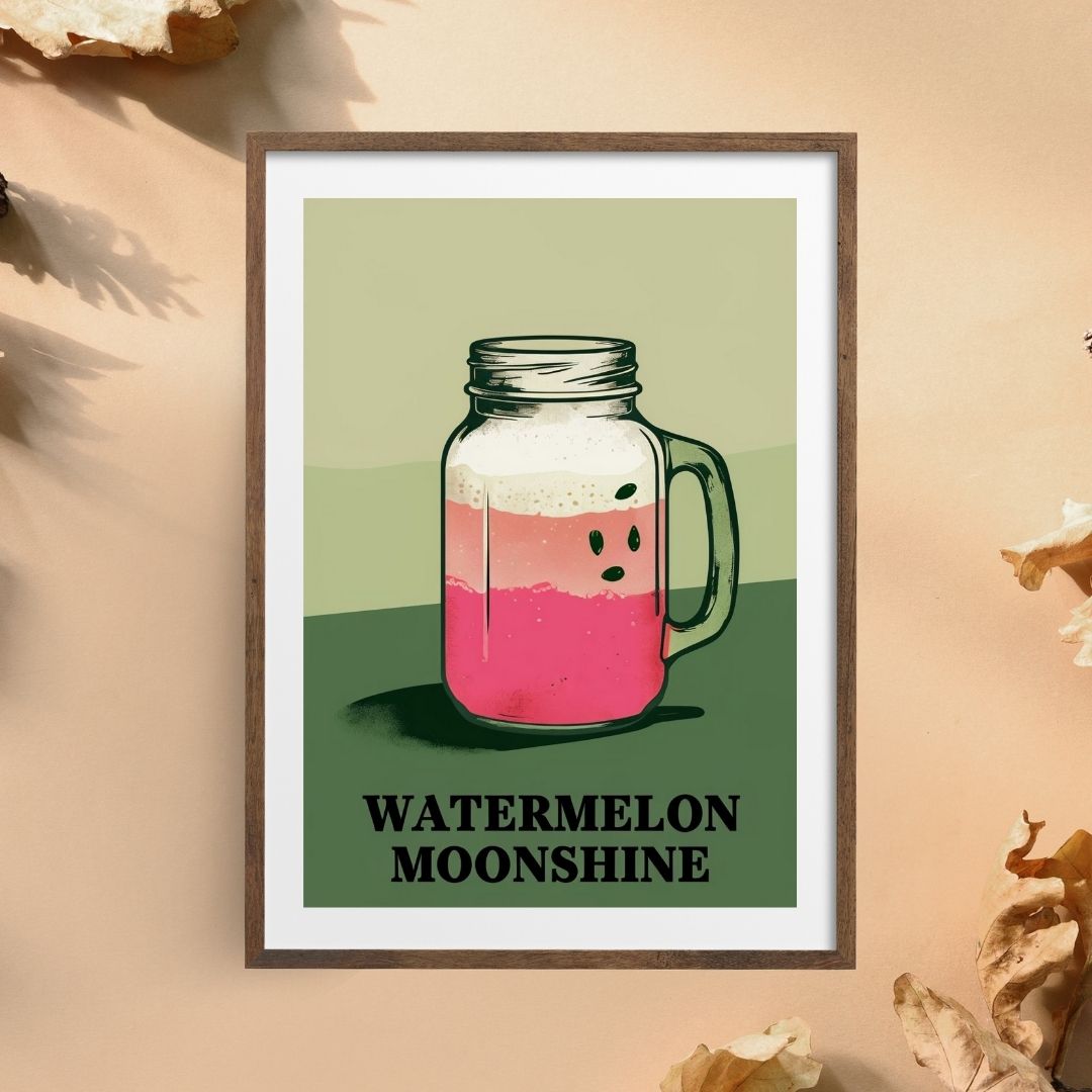 Watermelon Moonshine Mason Jar Print – Retro Country Cocktail Wall Art for Southern Kitchen or Bar Décor – Aesthetic Western Style (A4 & A5 Sizes)