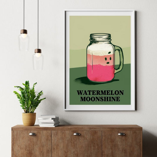 Watermelon Moonshine Mason Jar Print – Retro Country Cocktail Wall Art for Southern Kitchen or Bar Décor – Aesthetic Western Style (A4 & A5 Sizes)