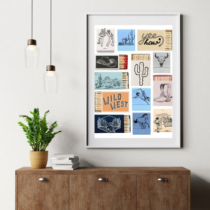 Western Matchbox Wall Art Print – Cowboy, Desert & Rodeo Themed Country Core Décor for Rustic Home or Bar (A4 & A5 Sizes)