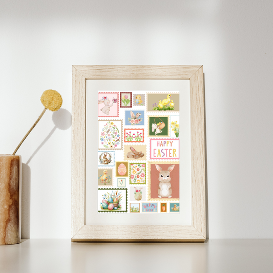 Whimsical Easter Bunny & Spring Stamps Art Print – Cute Vintage-Inspired A4 & A5 Wall Décor