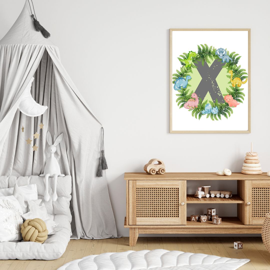 Dinosaur A-Z Alphabet Monogram Wall Art Print – Personalized Prehistoric Nursery Décor, Kids Room Printable, Educational Dinosaur Name Initial Poster