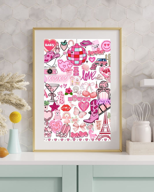 Y2K Pink Aesthetic Collage Wall Art Print – Cute A4/A5 Poster for Dorm Room Décor, Trendy Coquette & Retro Girlcore Vibes